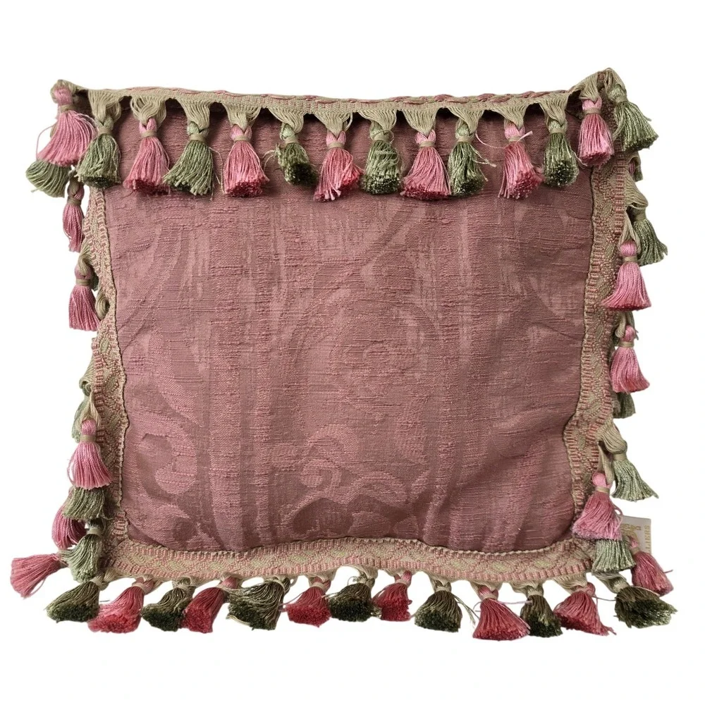 Villiers Regency Pink Damask Silk‎ Tassel Fringe Decorative Accent Pillow 12x12